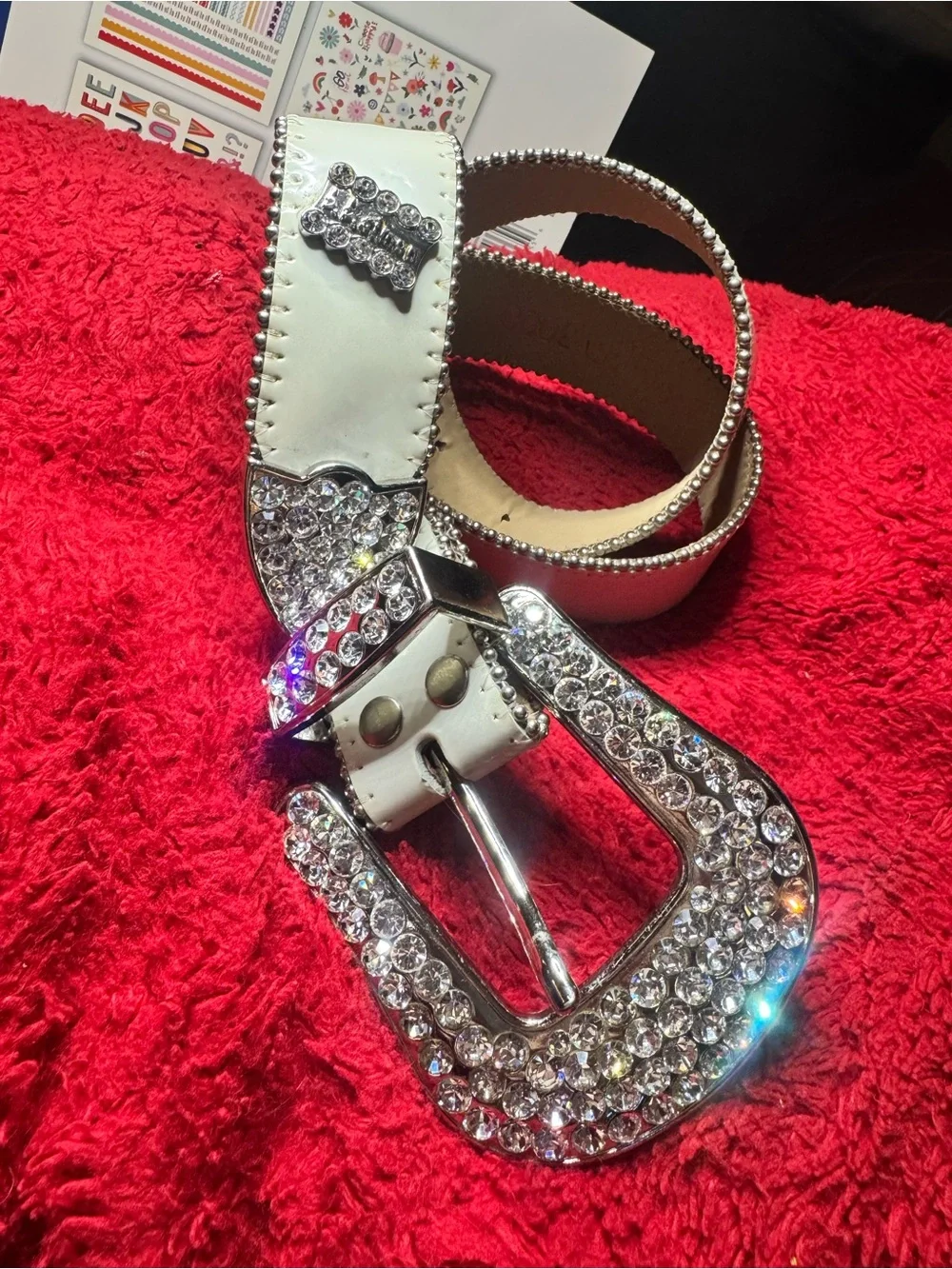 B.B. Simon White Crystal-Embellished Leather Belt